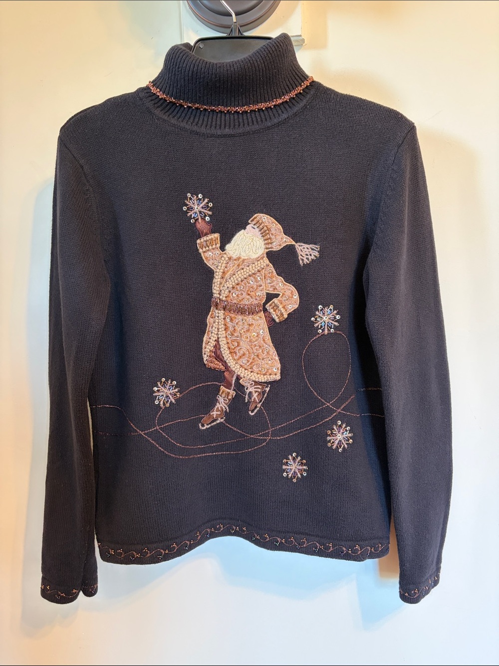 Talbots Old World Santa Christmas Sweater M Black Beaded Embellished Ice Skating